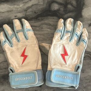 Bruce Bolt Leather Gloves with Red Lightning Bolt - White & Light Blue